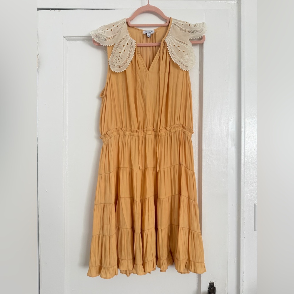 Current Air/Anthropologie mustard tiered dress with lace Peter Pan collar